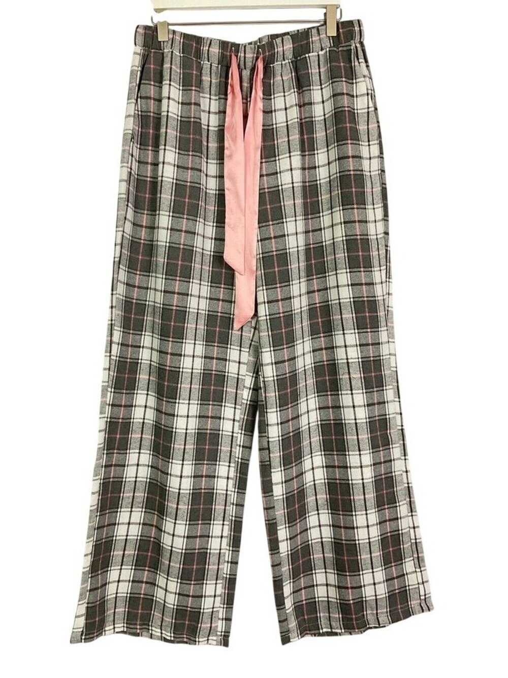 White Fox NWT Plaid Pajama Pants Large Wide Leg Satin Tie Lounge Sleep